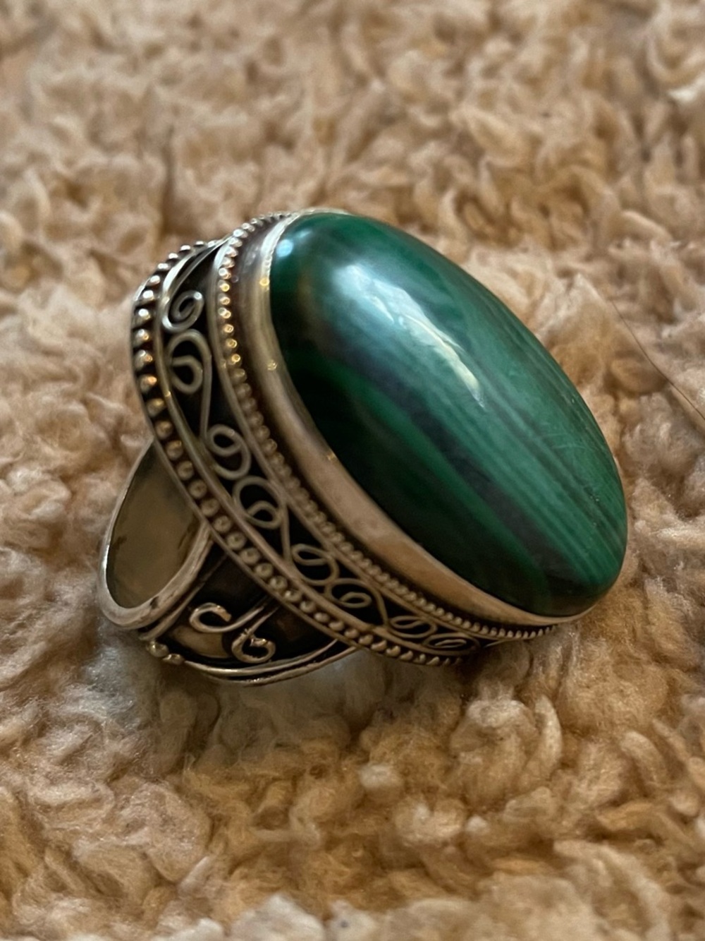 Ornate Silver Ring with Green Malachite Cabochon